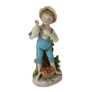 Homco Porcelain Figurine Farm Boy Holding Hen W/Basket Of Apples Vtg.
